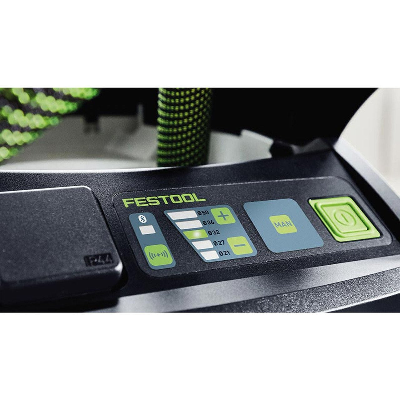 The touch control panel allows adjustments for suction level, power and manual operation, and Bluetooth connectivity.
