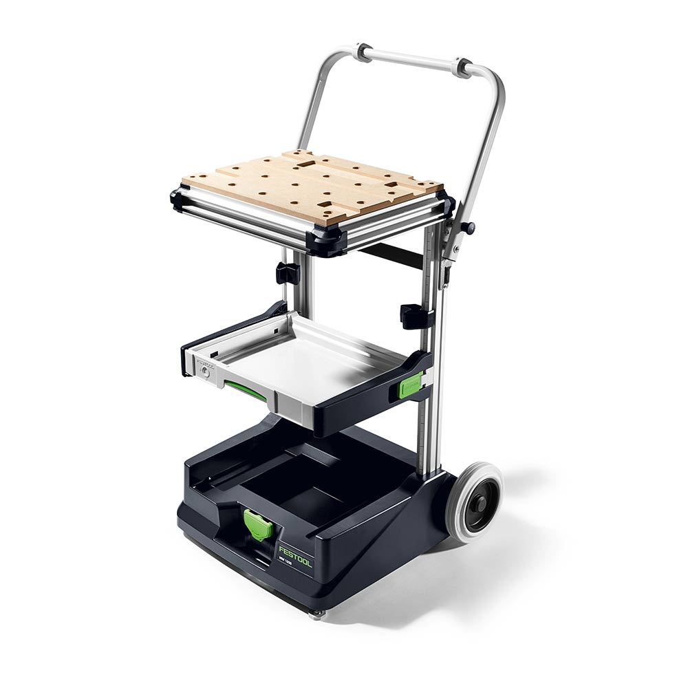 The MW-1000 cart has a stable base with two large wheels at the back, pull-out drawer, top work surface, and handle.