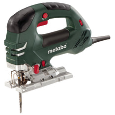 The Metabo STEB 140 Jigsaw has rubberized grip surfaces and controls in red: trigger, orbital setting, speed control.