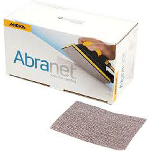 3x4" Mirka Abranet mesh abrasive sheet and a box of the product with a picture of a sander on it. "Dust-free sanding"