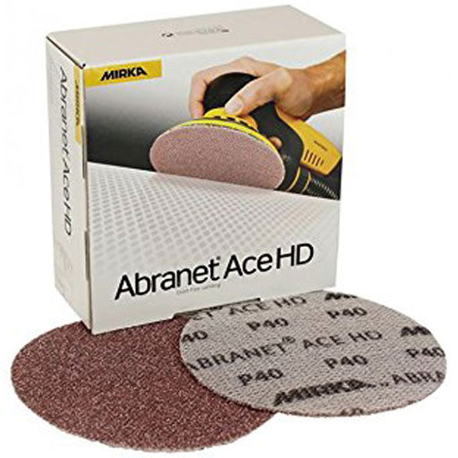 5" Mirka Abranet Ace HD mesh abrasive discs, show front and back, and a box with a picture of a sander on it.