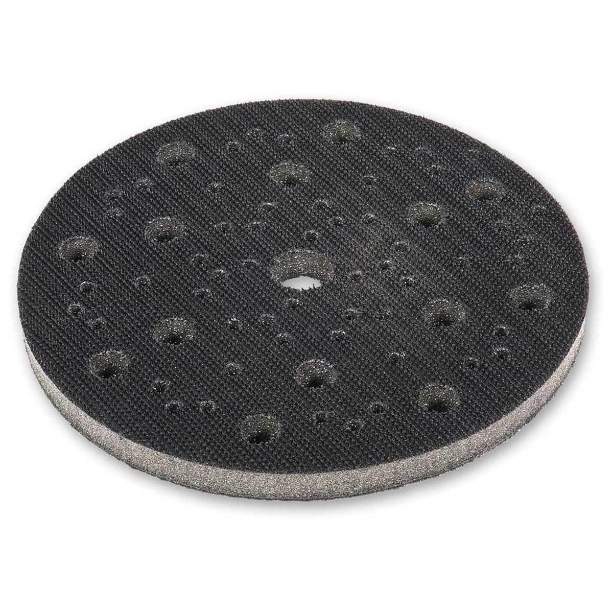 Mirka 6" black foam soft interface pad with hook facing for easy attachment of abrasives. Hole pattern matches 6" sanders.