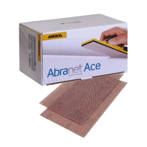 Box of 3x5" Abranet Ace Mesh Abrasives with picture of it on hand sanding block. 2 sheets out. Hook backing.