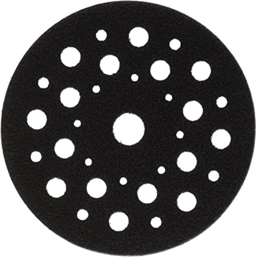Mirka 5" black foam soft interface pad with hook facing for easy attachment of abrasives. Hole pattern matches 5" sanders.