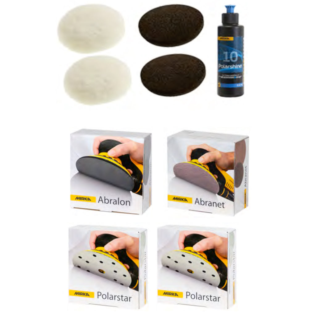 Includes 7 grits of Abranet, Abralon, 2 grits of Polarstar, foam and lambs wool polishing pads, and polishing compound.