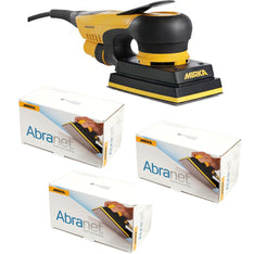 The Mirka DEOS 3x5" Net Kit includes rectangular orbital sander with paddle switch and 3 boxes of Abranet mesh abrasive.