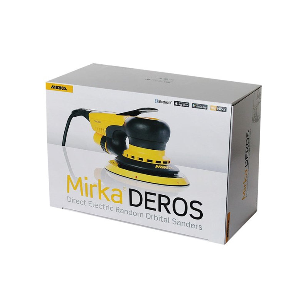 Mirka DEROS 6" Random Orbit Sander with cardboard box for retail.