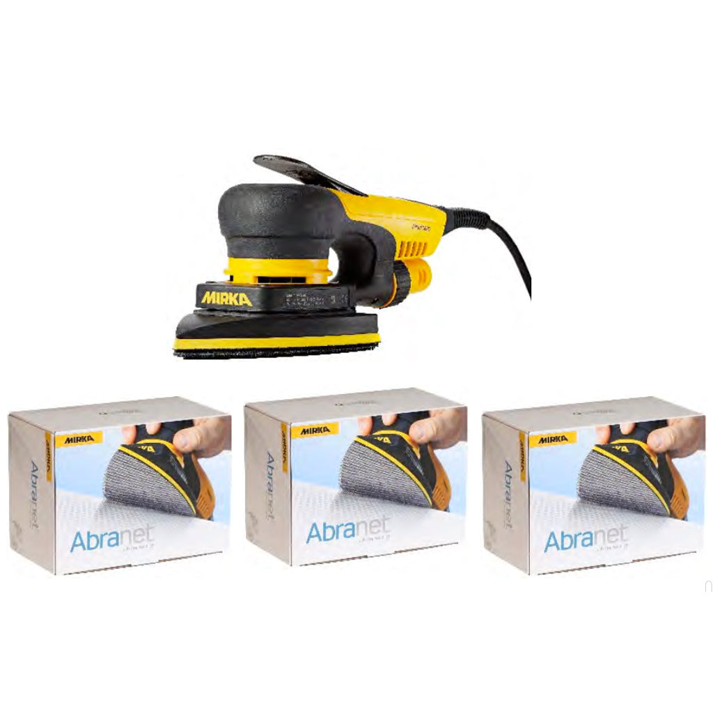 The Mirka DEOS Kit includes the DEOS electric delta orbital sander with paddle switch and three boxes of Abranet abrasives.