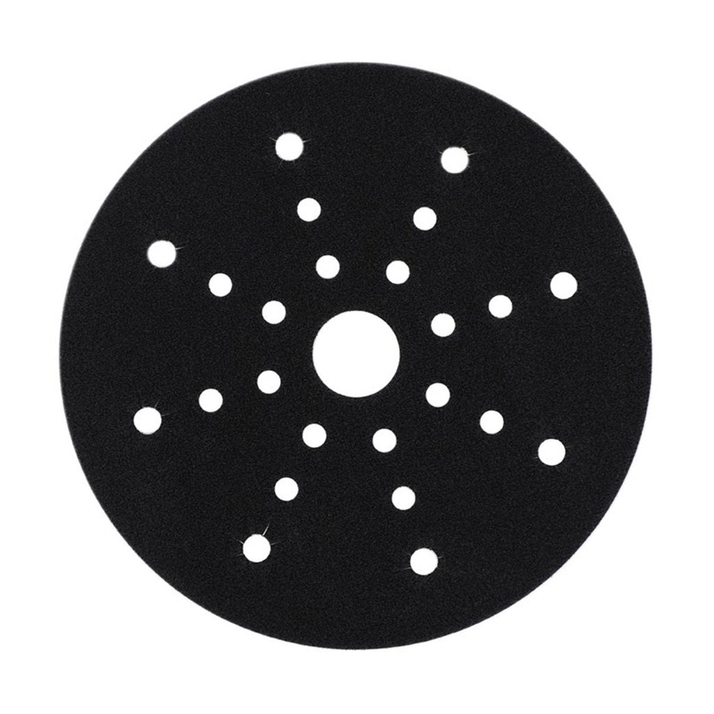Excellent dust extraction through the 25-hole pattern, with hook and loop attachment for quick installation between sanding pad and abrasive disc.