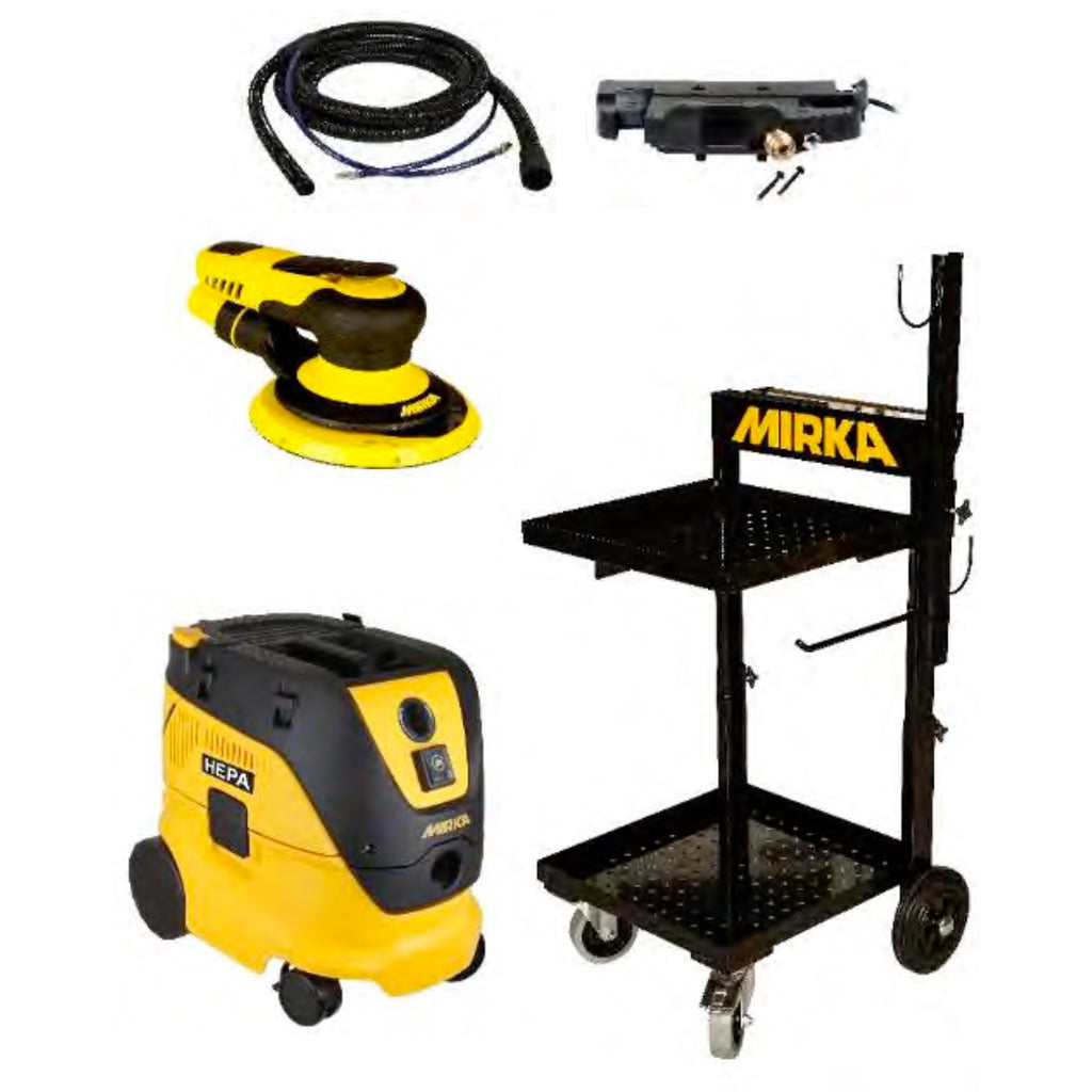 The Mirka PROS kit includes 6" pneumatic sander, dust extractor with air-activated switch, trolly with shelf and hose.