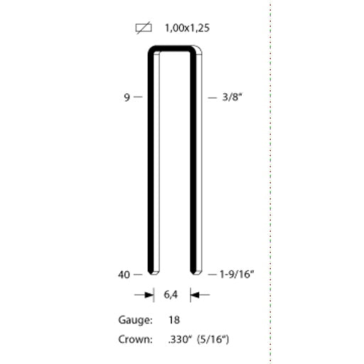 Diagram of Omer 18 gauge 1/4" Crown Staples. .330" (5/16") crown.