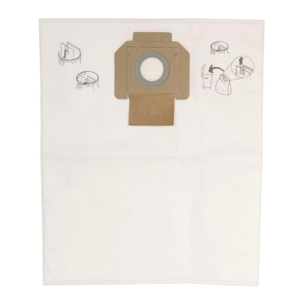 One bag for a Mirka MV-912 dust extractor with cardboard closure to seal off bag when full, and instructions printed on it.