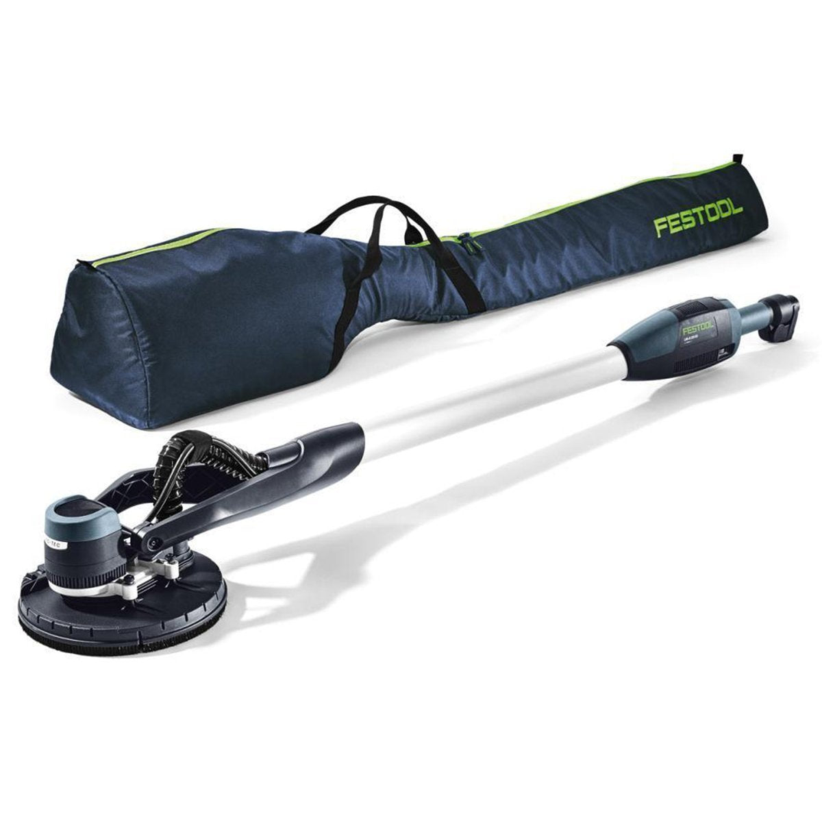 The Planex Easy has a long arm and brushless motor mounted over the sanding pad. Includes storage/transport bag.
