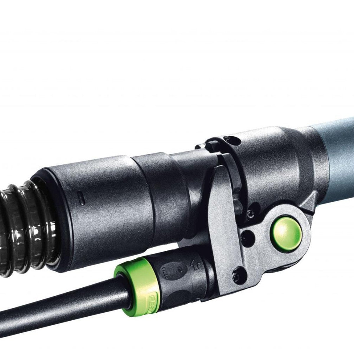 The detachable Plug-it power cable and D36 dust extraction hose physically locked to the end of the Planex Easy.