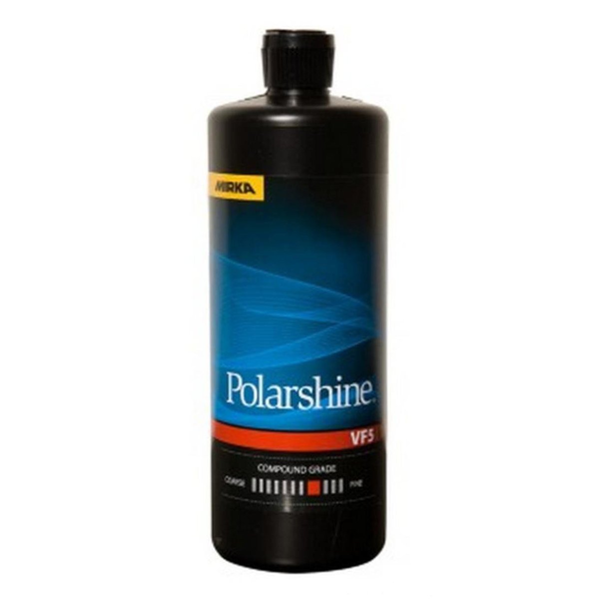 A 1L bottle of Mirka's Polarshine VF5 abrasive compound for polishing. Scale on label shows that it is about medium-fine.