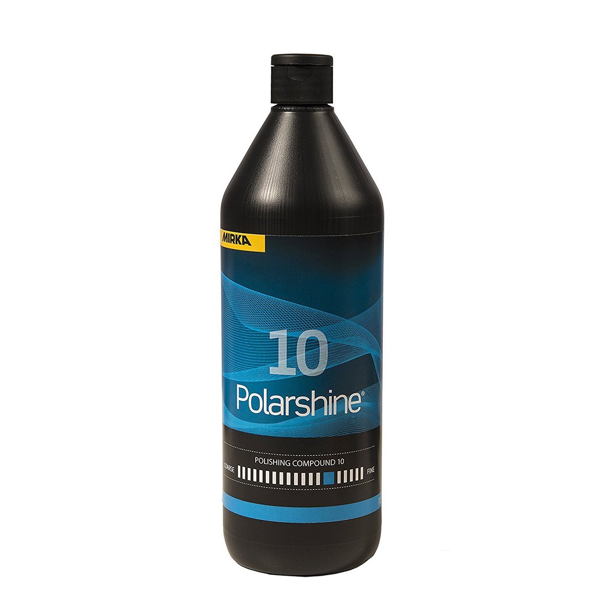 A 1L bottle of Mirka's Polarshine 10 abrasive compound for polishing. Scale on label shows that it is about medium-fine.
