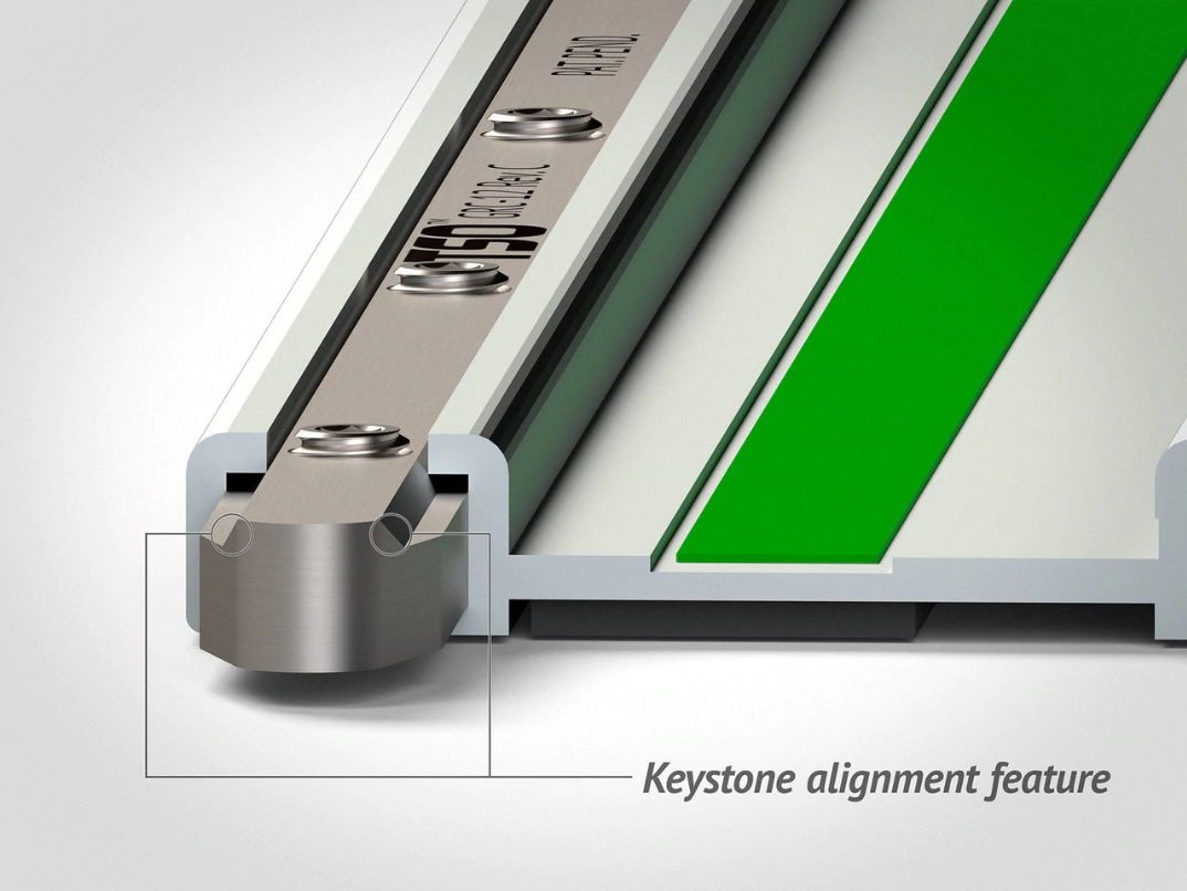 The keystone profile registers against the sides of the T-slot opening to automatically self-align straight to the guide rail