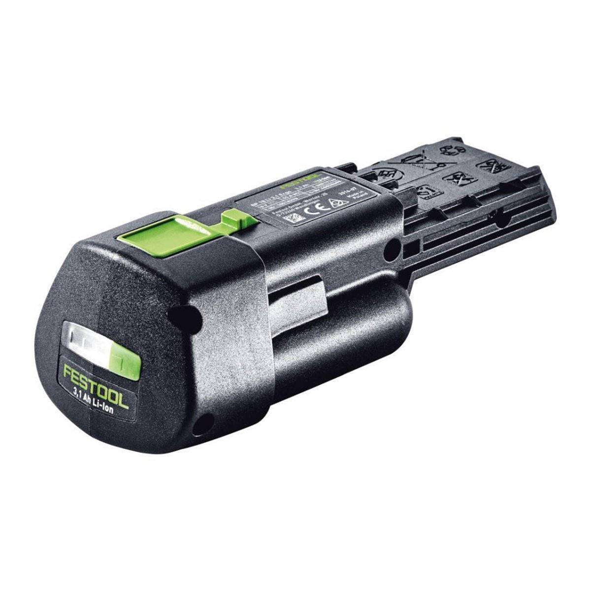 The Ergo 3.1 Ah Li-ion 18 volt battery showing charge indicator with switch, release button and lock, and shape of battery.