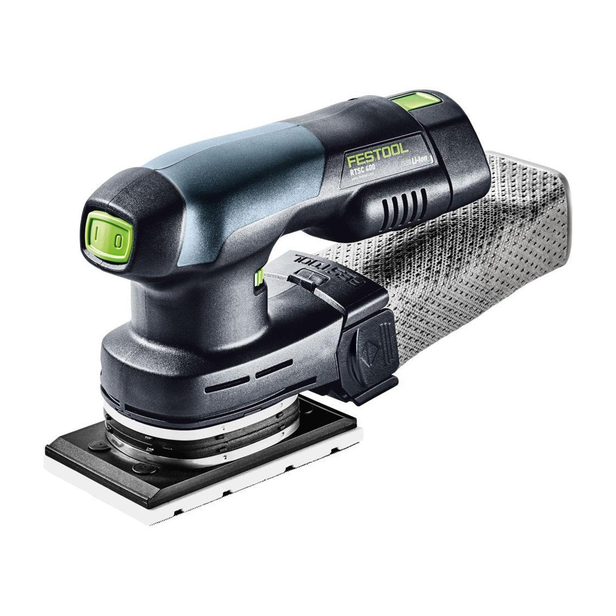 Festool RTSC 400 with ERGO battery and longlife dust bag installed is a compact and highly portable sander.