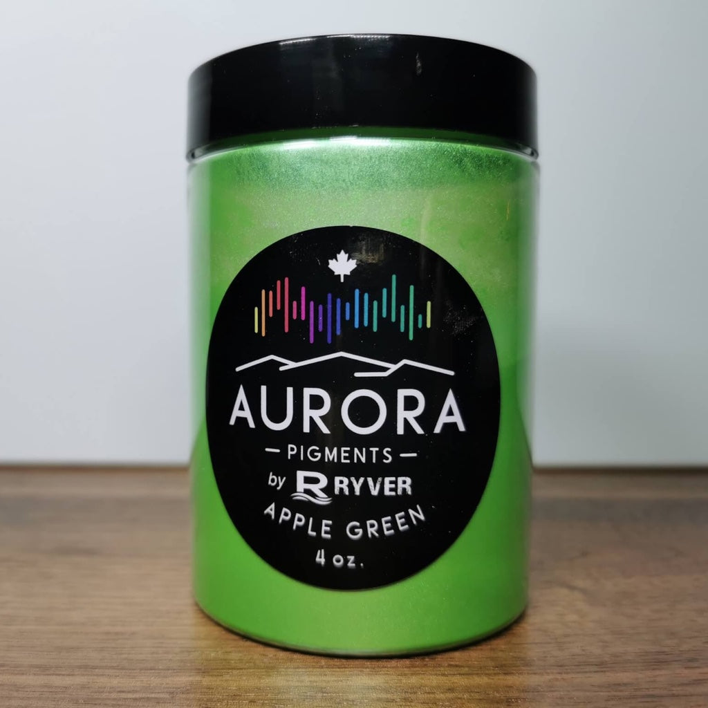 A resealable container of Ryver Epoxy Aurora Metallic Apple Green Pigment.