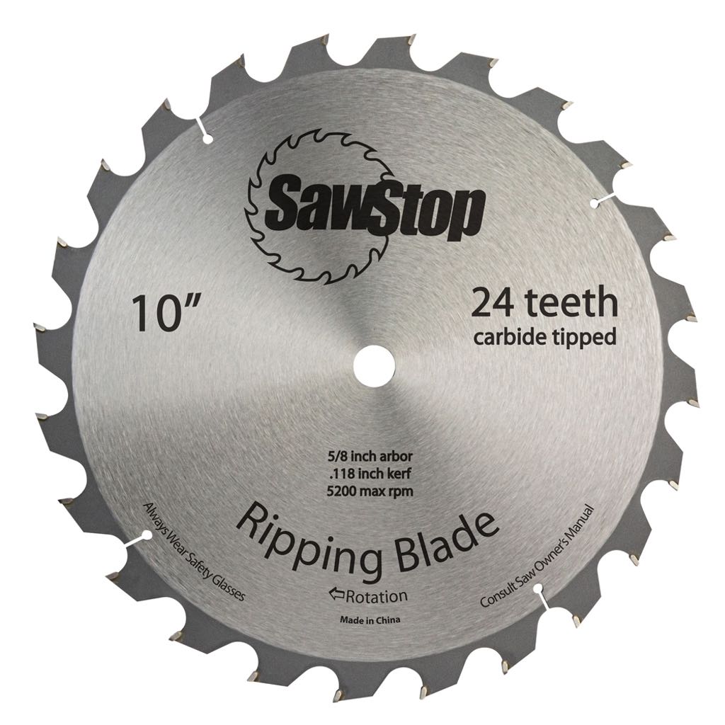 SawStop 24-tooth ATB ripping blade. The precision-formed expansion slots help prevent vibration, noise, and heat build-up.