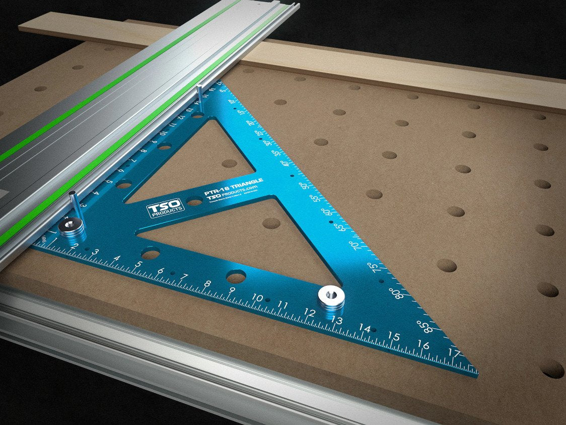 TSO Products PTR-18 PLUS Precision Triangle positioned on a Festool MFT with dogs. Alignment pins align a guide rail.