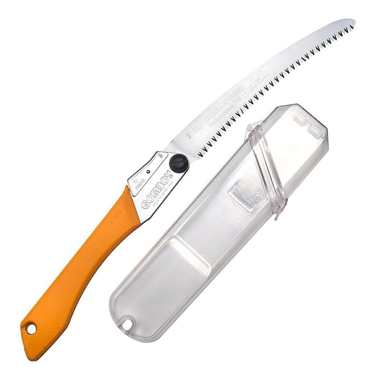 240mm Silky Gomboy folding saw with curved blade for pruning and orange rubber handle. With clear plastic storage case.