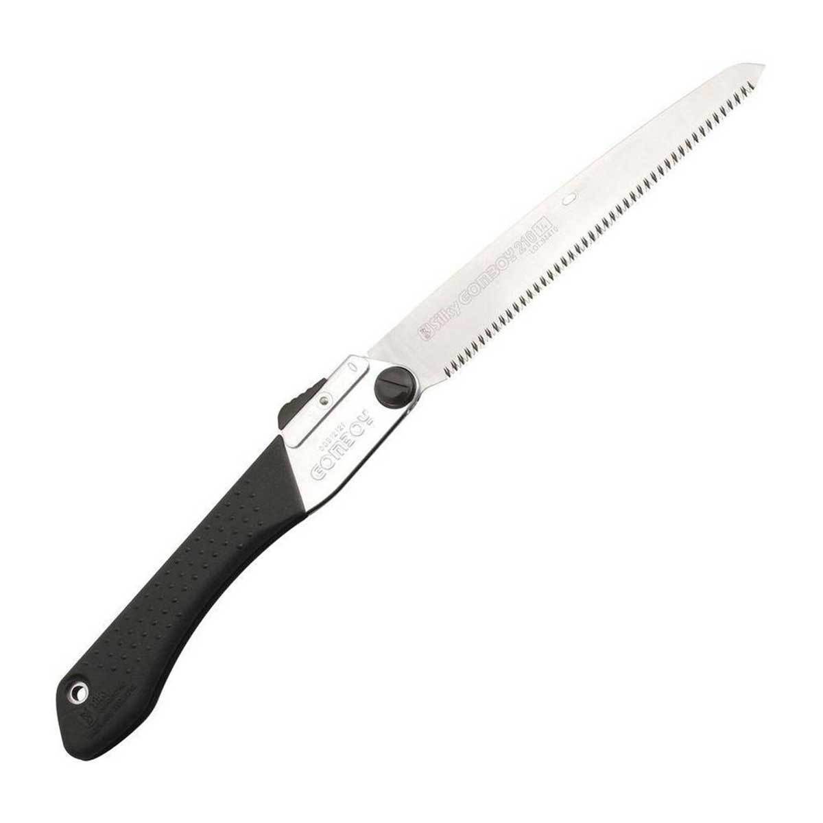 210mm Silky Gomboy folding saw, open and unfolded with fine teeth for cutting hardwoods cleanly.