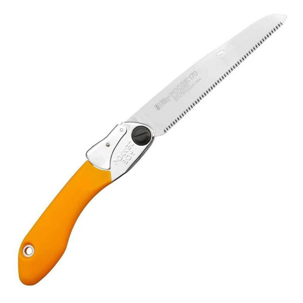 Silky Pocketboy 170 Folding Japanese Saw with orange grip and fine taper ground blade for cutting hardwood.
