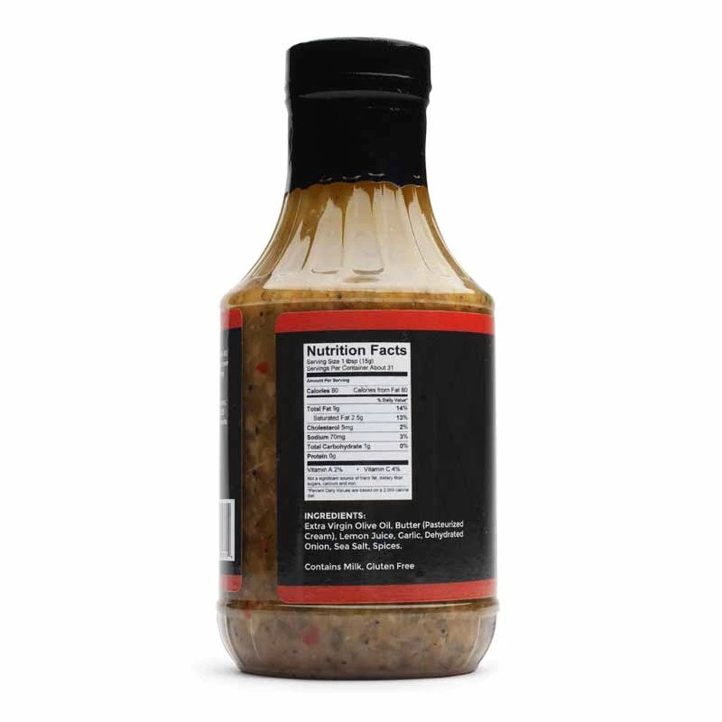 Glass jar with label showing nutrition facts and ingredients for Smoke on Wheels BBQ Marinade.
