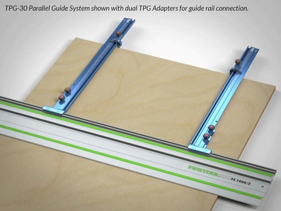 A Festool FS Guide Rail is attached to the TPG Parallel Guide System with 30" tracks to make a crosscut in a sheet of plywood