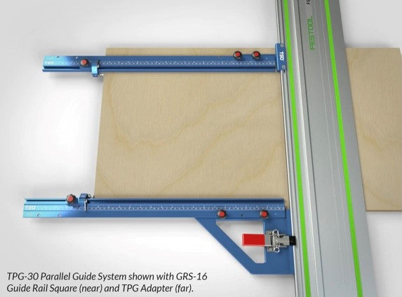 A Festool Guide Rail is attached to 30" tracks and GRS-16 Guide Rail Square to make a square crosscut in a sheet of plywood