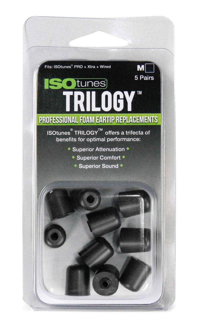 Retail plastic clamshell package of ISOtunes Trilogy medium foam eartips w/black core. Superior attenuation, comfort, sound.