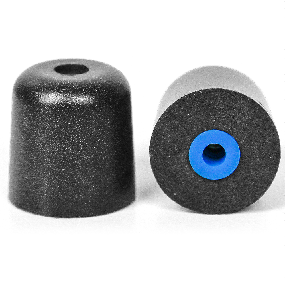 Pair of blue large replacement super-soft foam ear tips for ISOtunes earbuds. Profile shape and coloured inner core.