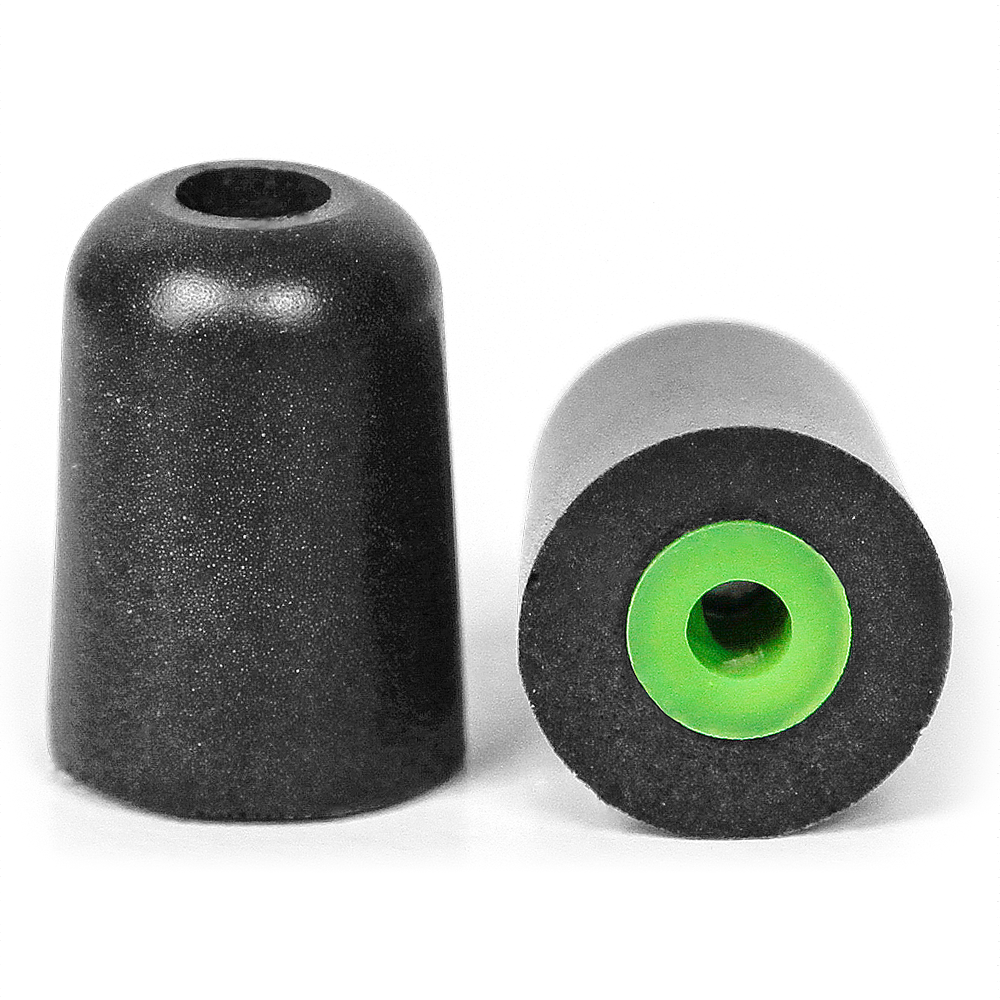 Pair of green small replacement super-soft foam ear tips for ISOtunes earbuds. Profile shape and coloured inner core.