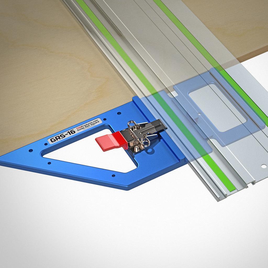 The GRS-16 Guide Rail square being used to align a guide rail square to the edge of a panel of MDF.