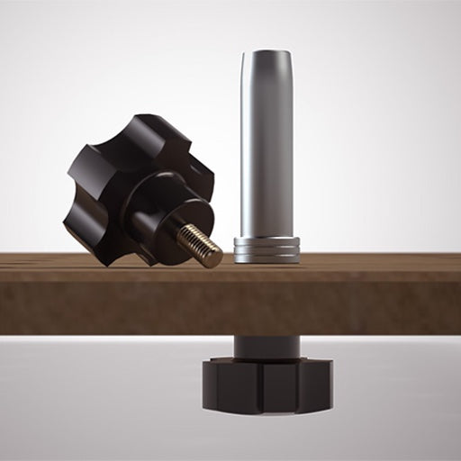 A SpeedKnob is used to clamp a Close Fit DoubleGroove Tall Dog to a MFT-style worktop, holding it secure, perpendicular.