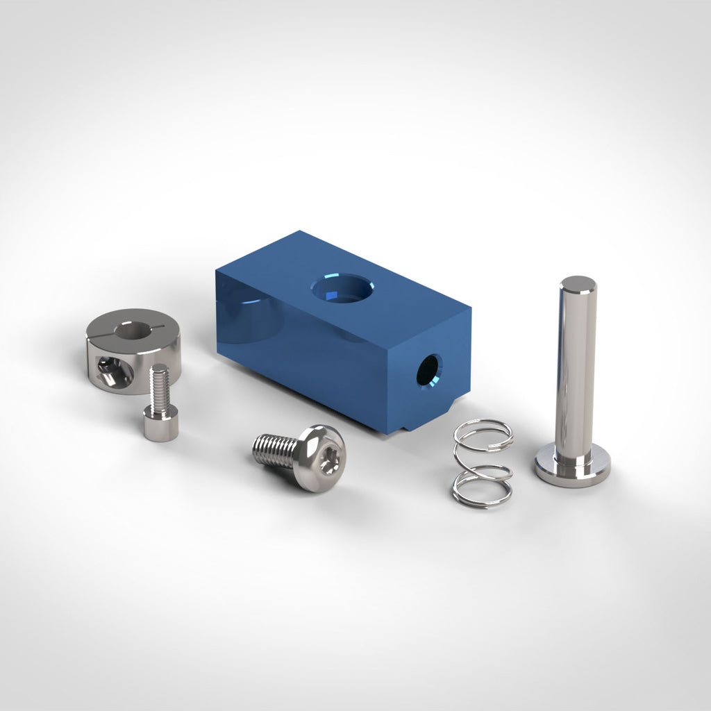 The FlipStop Upgrade Kit contains a lock collar with clamping screw, block, spring, plain bolt, and threaded bolt.