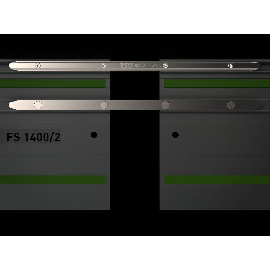 The 12" long Self-Aligning Guide Rail Connectors slide into the top and bottom T-slots of a Festool FS 1400 Guide Rail.