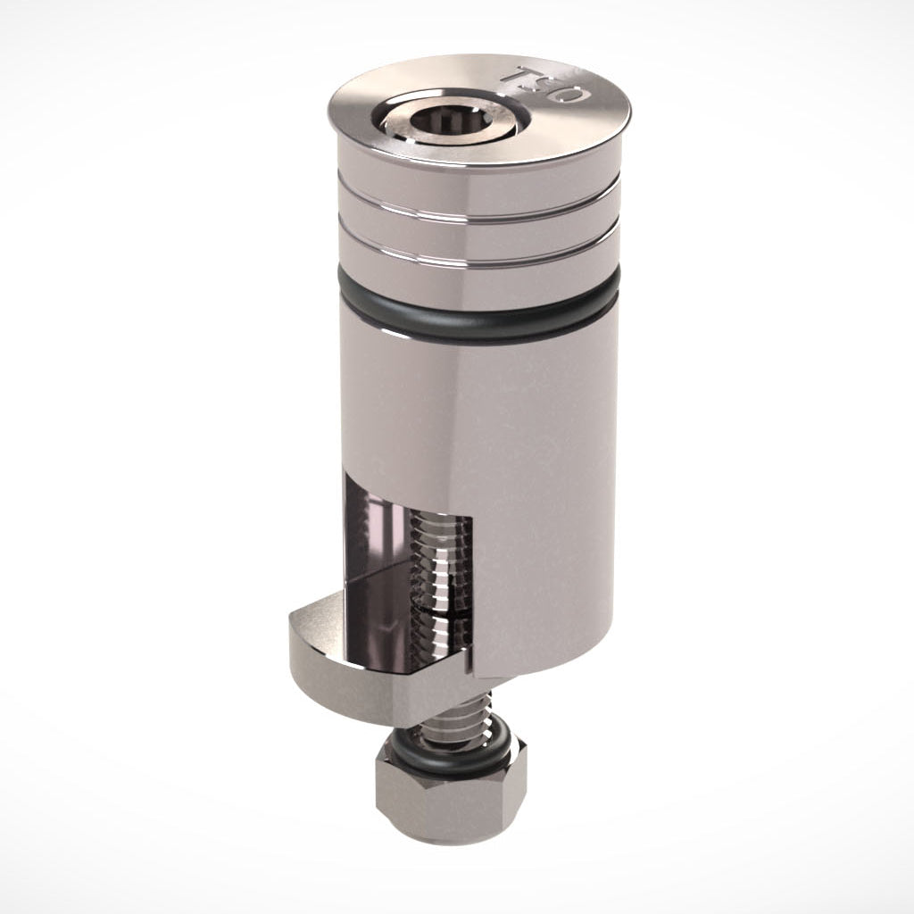 Stainless steel Power-Loc dog has a clamping cam that is activated with hex bolt in top surface.