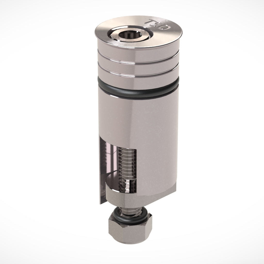 Stainless steel Power-Loc dog has a clamping cam that is activated with hex bolt in top surface.