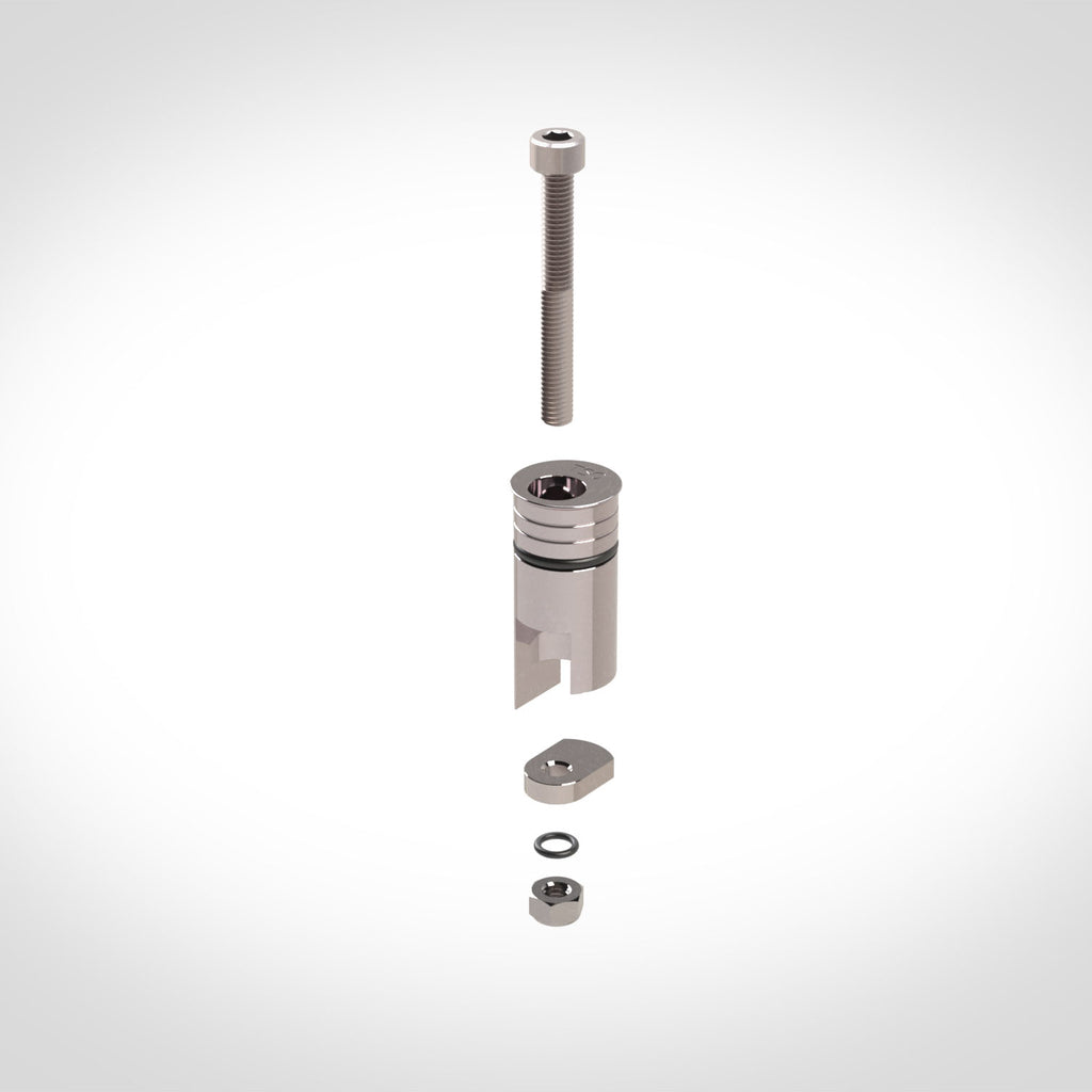 Exploded rendering of TSO Products Power-Loc Bench Connector. Bolt, body, cam, o-ring, nut.
