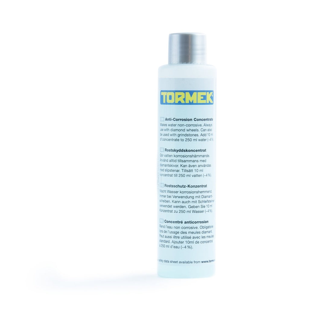 A bottle of Tormek's Anti-Corrosion Concentrate to be mixed with water to mitigate issues on diamond wheels and steel.