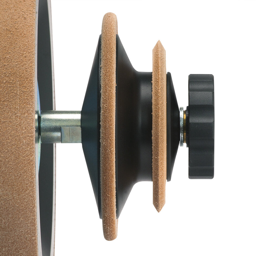 The leather honing wheels have 3mm (1/8" radius) and 60-degree profiles for honing the insides of gouges and V-tools.
