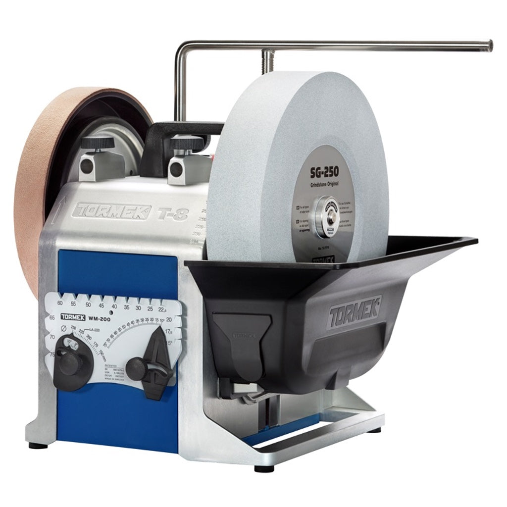 Tormek T8 Power Sharpening System with grind wheel, leather wheel, steel tool rest with alternate mount, angle setting jig.