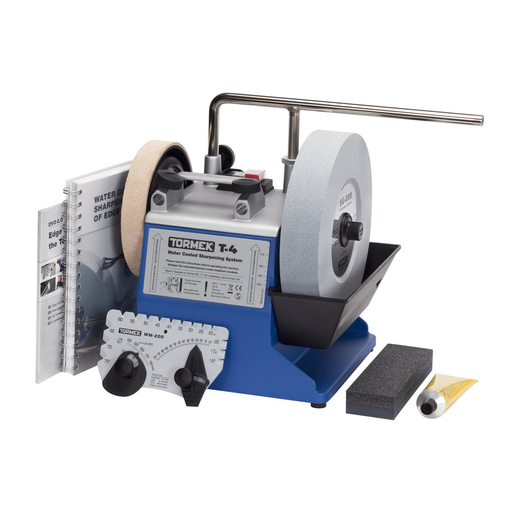 Tormek T-4 Sharpening System w/ grinding wheel, leather wheel, stone grader, honing compound, steel tool rest, angle setter.
