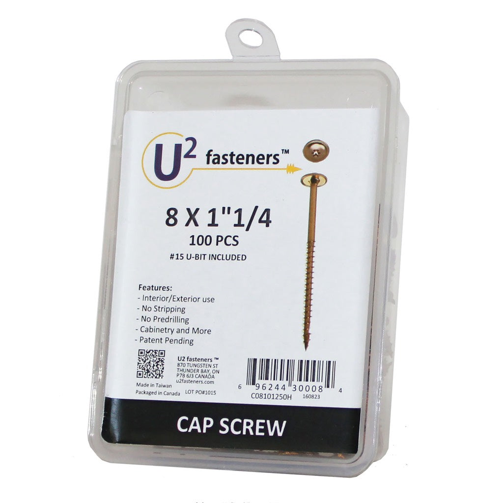 Clear plastic box of 8x1-1/4" large-head cap screws with screwdriver bit from U2 Fasteners.