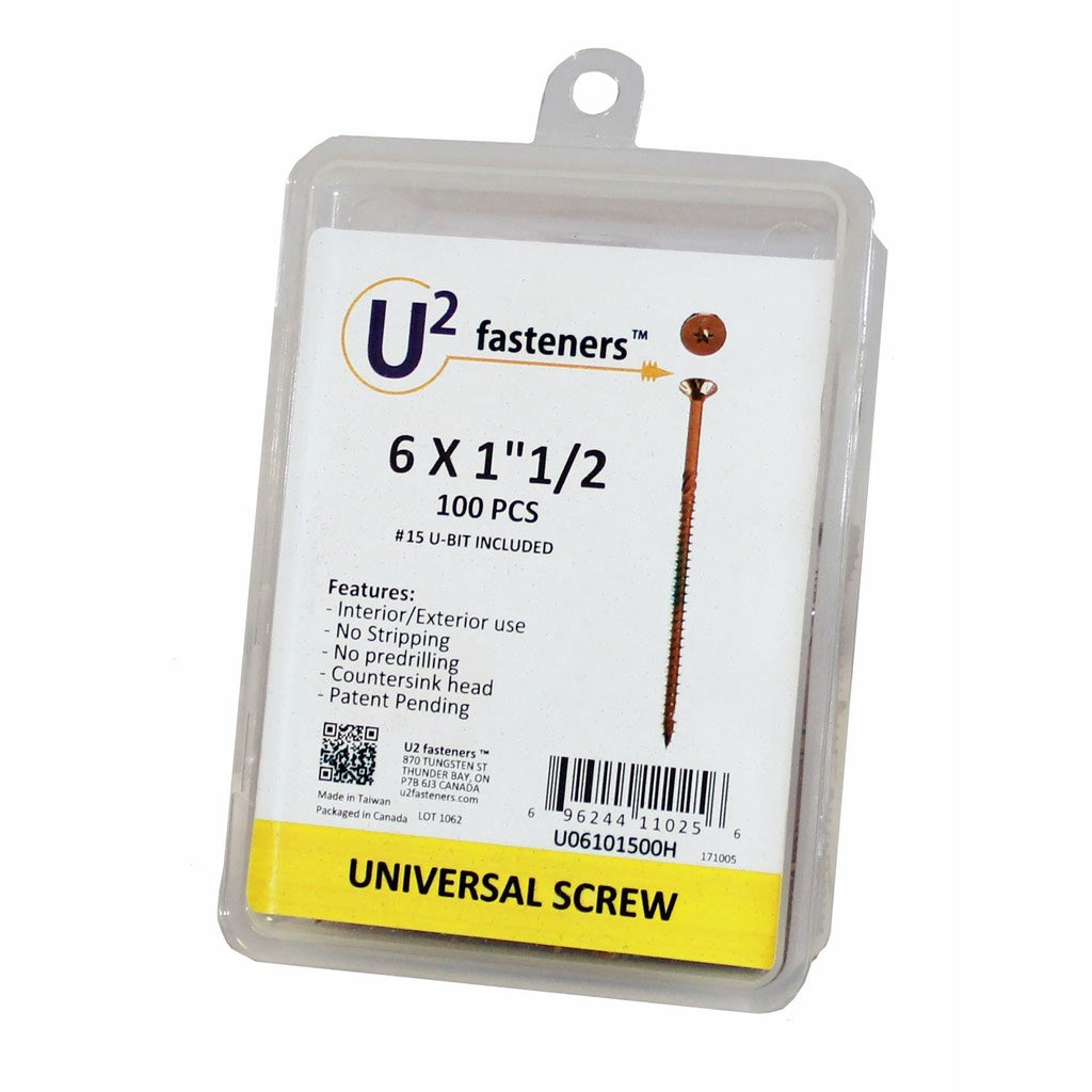 Clear plastic box of U2 Fasteners Universal Screws with flat, self-countersinking head.