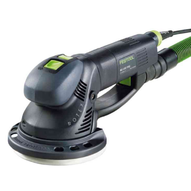 RO 150 with edge protector, hose and Plug-it cord attached. Green mode selector, power switch, and dust chute removal button.