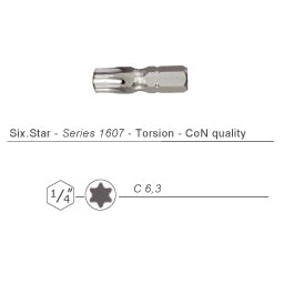 Wekador Torx 1 inch screwdriver bit with 1/4" (6.3mm) hex shank. Cool Nitrogen (CoN) bits fit better for higher torque.